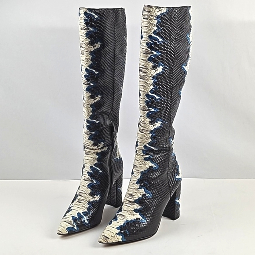 Gianni Bini Kellbie Leather Snakeskin Texture Black Cream Blue Heeled Tall Boot - Picture 2 of 16